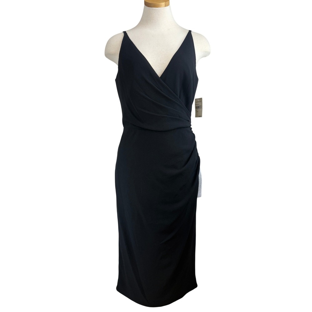 NWT DRESS THE POPULATION|Womens(L) Black Draped V-Neck Midi Cocktail Party LBD